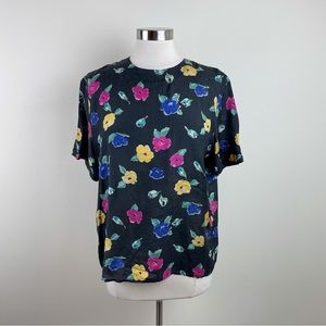 Kim Rogers 100% Silk Black Yellow Pink Floral Blouse Top Women Large